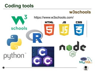 7
Coding tools
w3schools
https://www.w3schools.com/
 