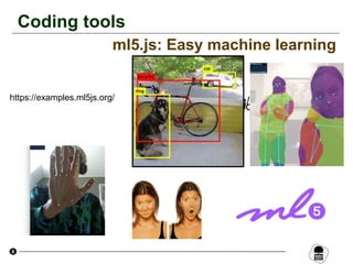 9
Coding tools
ml5.js: Easy machine learning
https://ml5js.org/
https://www.w3schools.com/
https://examples.ml5js.org/
 