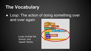 The Vocabulary
● Loop: The action of doing something over
and over again
Loops include the
‘forever’ and
‘repeat’ blocks.