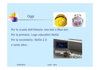 15/05/2016 Landi - 2016
Per la scuola dell’infanzia: bee-bot e Blue-bot
Per la primaria: Lego education WeDo
Per la secondaria: WeDo 2.0
e tanto altro…
Oggi
 