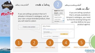2selling a new product?
If you are selling a product that isn’t
already in Amazon’s catalogue, such as
your own unique branded product, then
you will need to select:
create a listing
1 2 3 4 5
CLASSIFY IDENTIFY ADD DETAILS CONDITION PRICE / FULFILMENT
selling an existing product?
create an offer
If you are selling a product
that is already available on
Amazon’s catalogue, you need
to find the existing listing and
use that ASIN to list your
product against.
 
