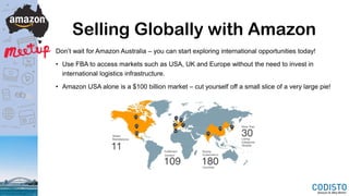 Selling Globally with Amazon
Don’t wait for Amazon Australia – you can start exploring international opportunities today!
• Use FBA to access markets such as USA, UK and Europe without the need to invest in
international logistics infrastructure.
• Amazon USA alone is a $100 billion market – cut yourself off a small slice of a very large pie!
 