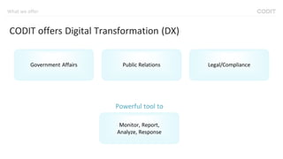 Government Affairs Public Relations Legal/Compliance
Monitor, Report,
Analyze, Response
Powerful tool to
What we offer
CODIT offers Digital Transformation (DX)
 