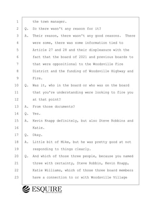 ·1· · · ·the town manager.
·2· ·Q.· So there wasn't any reason for it?
·3· ·A.· Their reason, there wasn't any good reasons.· There
·4· · · ·were some, there was some information tied to
·5· · · ·Article 27 and 28 and their displeasure with the
·6· · · ·fact that the board of 2021 and previous boards to
·7· · · ·that were oppositional to the Woodsville Fire
·8· · · ·District and the funding of Woodsville Highway and
·9· · · ·Fire.
10· ·Q.· Was it, who in the board or who was on the board
11· · · ·that you're understanding were looking to fire you
12· · · ·at that point?
13· ·A.· From those documents?
14· ·Q.· Yes.
15· ·A.· Kevin Knapp definitely, but also Steve Robbins and
16· · · ·Katie.
17· ·Q.· Okay.
18· ·A.· Little bit of Mike, but he was pretty good at not
19· · · ·responding to things clearly.
20· ·Q.· And which of those three people, because you named
21· · · ·three with certainty, Steve Robbin, Kevin Knapp,
22· · · ·Katie Williams, which of those three board members
23· · · ·have a connection to or with Woodsville Village
BRIGITTE CODLING
Town of Haverhill vs Donahue Tucker & Ciandella
May 20, 2024
800.211.DEPO (3376)
EsquireSolutions.com
BRIGITTE CODLING
Town of Haverhill vs Donahue Tucker & Ciandella
May 20, 2024
101
800.211.DEPO (3376)
EsquireSolutions.comYVer1f
 