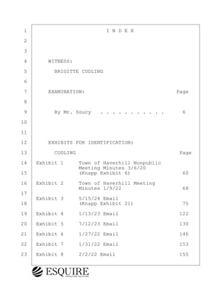 ·1· · · · · · · · · · · · · I N D E X
·2
·3
·4· · · ·WITNESS:
·5· · · · ·BRIGITTE CODLING
·6
·7· · · ·EXAMINATION:· · · · · · · · · · · · · · · Page
·8
·9· · · · ·By Mr. Soucy· ·. . . . . . . . . . .· · · 6
10
11
12· · · ·EXHIBITS FOR IDENTIFICATION:
13· · · · ·CODLING· · · · · · · · · · · · · · · · · Page
14· ·Exhibit 1· · ·Town of Haverhill Nonpublic
· · · · · · · · · ·Meeting Minutes 3/6/20
15· · · · · · · · ·(Knapp Exhibit 6)· · · · · · · · ·60
16· ·Exhibit 2· · ·Town of Haverhill Meeting
· · · · · · · · · ·Minutes 1/9/22· · · · · · · · · · 68
17
· · ·Exhibit 3· · ·5/15/24 Email
18· · · · · · · · ·(Knapp Exhibit 21)· · · · · · · · 75
19· ·Exhibit 4· · ·1/13/23 Email· · · · · · · · · · 122
20· ·Exhibit 5· · ·7/12/23 Email· · · · · · · · · · 130
21· ·Exhibit 6· · ·1/27/22 Email· · · · · · · · · · 146
22· ·Exhibit 7· · ·1/31/22 Email· · · · · · · · · · 153
23· ·Exhibit 8· · ·2/2/22 Email· · · · · · · · · · ·155
BRIGITTE CODLING
Town of Haverhill vs Donahue Tucker & Ciandella
May 20, 2024
800.211.DEPO (3376)
EsquireSolutions.com
BRIGITTE CODLING
Town of Haverhill vs Donahue Tucker & Ciandella
May 20, 2024
4
800.211.DEPO (3376)
EsquireSolutions.com
 