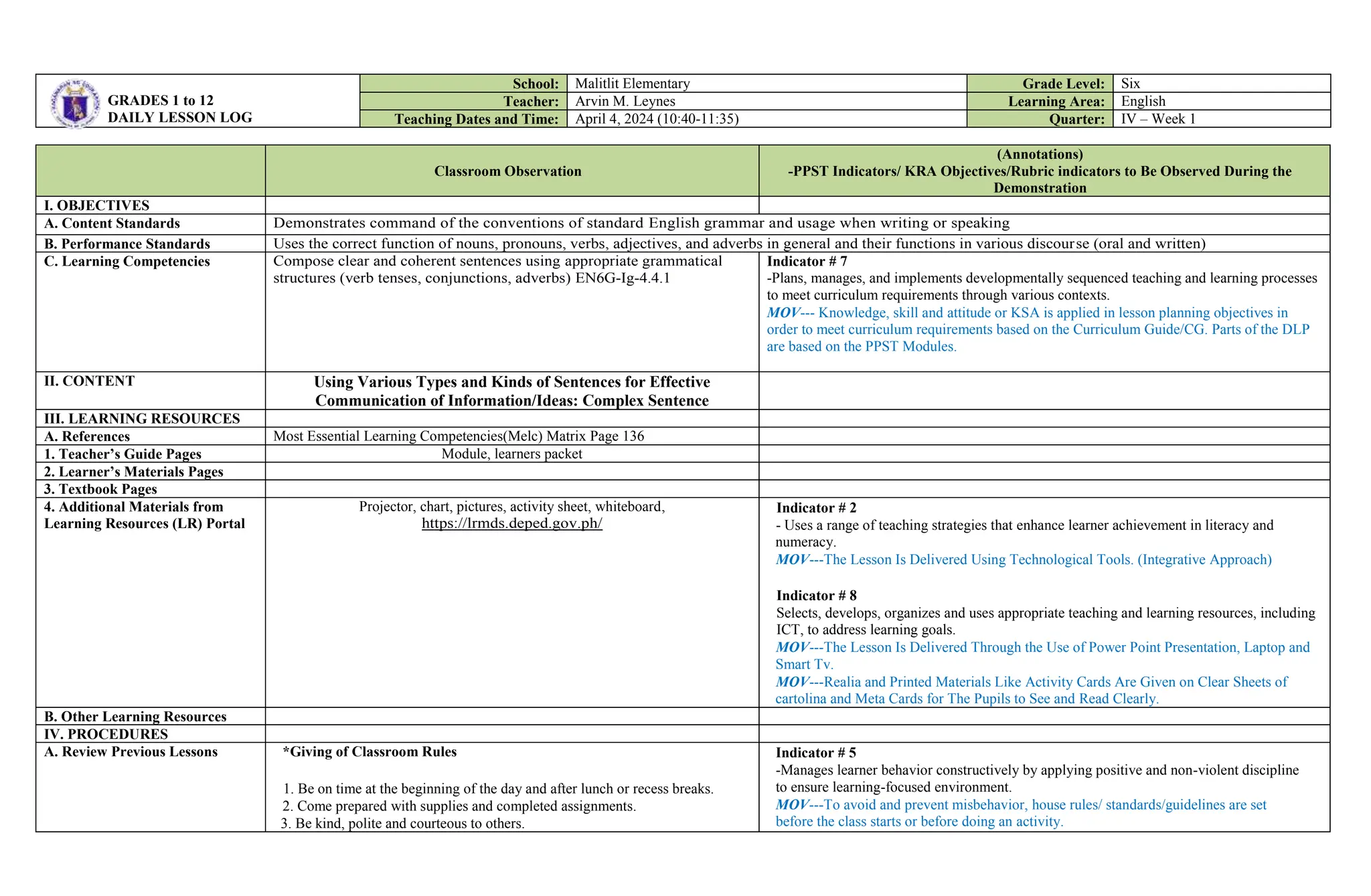 CO DLL Q4 WK 1 English Grade Six Elem.docx