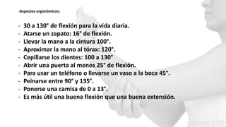 -Aspectos ergonómicos: 
- 30 a 130° de flexión para la vida diaria. 
- Atarse un zapato: 16° de flexión. 
- Llevar la mano a la cintura 100°. 
- Aproximar la mano al tórax: 120°. 
- Cepillarse los dientes: 100 a 130° 
- Abrir una puerta al menos 25° de flexión. 
- Para usar un teléfono o llevarse un vaso a la boca 45°. 
- Peinarse entre 90° y 135°. 
- Ponerse una camisa de 0 a 13°. 
- Es más útil una buena flexión que una buena extensión. 
 