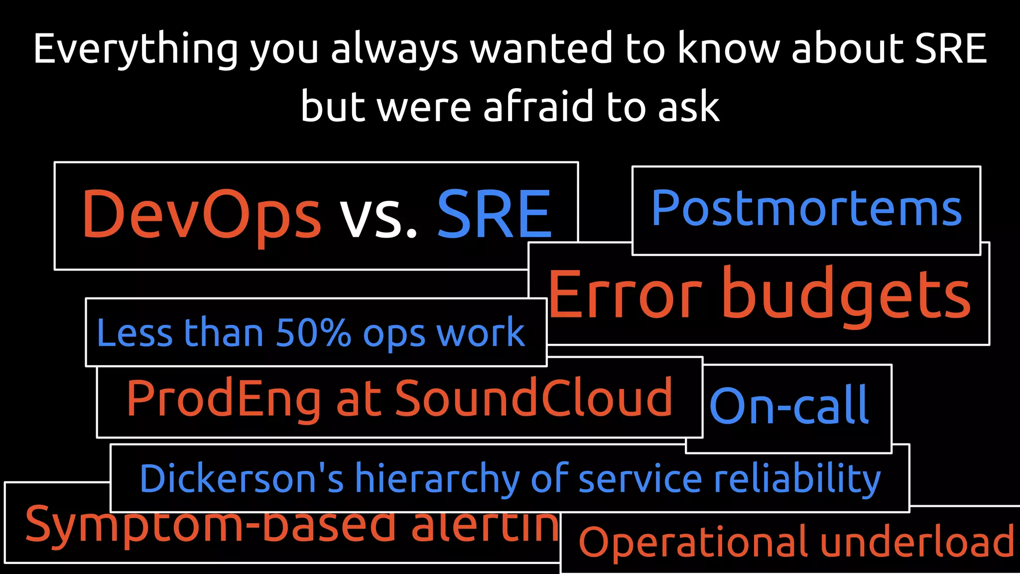 Symptom-based alertingOperational underload
Everything you always wanted to know about SRE
but were afraid to ask
DevOps vs. SRE
Dickerson's hierarchy of service reliability
Error budgets
On-callProdEng at SoundCloud
Less than 50% ops work
Postmortems
 