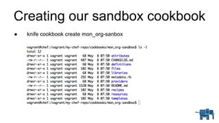 Creating our sandbox cookbook
● knife cookbook create mon_org-sanbox
 