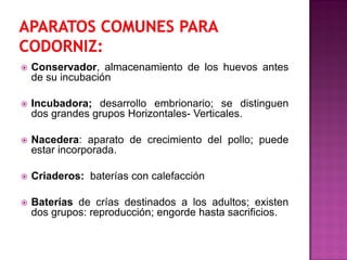  Conservador, almacenamiento de los huevos antes
de su incubación
 Incubadora; desarrollo embrionario; se distinguen
dos grandes grupos Horizontales- Verticales.
 Nacedera: aparato de crecimiento del pollo; puede
estar incorporada.
 Criaderos: baterías con calefacción
 Baterías de crías destinados a los adultos; existen
dos grupos: reproducción; engorde hasta sacrificios.
 