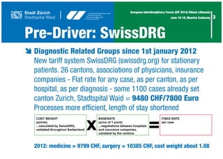 3
European Interdisciplinary Forum (EIF 2014) Vilnius Lithuania
June 18-19, Maurice Codourey
Pre-Driver: SwissDRG
è	Diagnostic Related Groups since 1st january 2012
	 New tariff system SwissDRG (swissdrg.org) for stationary
	 patients. 26 cantons, associations of physicians, insurance
	 companies - Flat rate for any case, as per canton, as per
	 hospital, as per diagnosis - some 1100 cases already set
	 canton Zurich, Stadtspital Waid = 9480 CHF/7800 Euro
	 Processes more efficient, length of stay shortened
	 2012: medicine = 9799 CHF, surgery = 10385 CHF, cost weight about 1.08
 