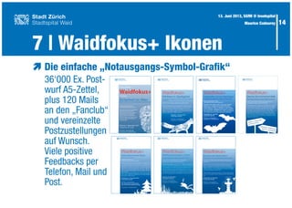 14
æ	Die einfache „Notausgangs-Symbol-Grafik“
	 36‘000 Ex. Post-
	 wurf A5-Zettel,
	 plus 120 Mails
	 an den „Fanclub“
	 und vereinzelte
	Postzustellungen
	 auf Wunsch.
	 Viele positive
	 Feedbacks per
	 Telefon, Mail und
	Post.
7 | Waidfokus+ Ikonen
13. Juni 2013, SGfM @ Inselspital
Maurice Codourey
Einladung
Sicherheit im AlterTipps zur Prävention von Enkeltrickbetrug und Diebstahl
Montag, 5. September 2011
18 Uhr bis 19.15 Uhr
Eintritt frei - Pausengetränke
Kongressforum, Stadtspital Waid
Wie schütze ich mich vor Diebstahl?
Hugo Schenk berät Sie über
Präventionsmassnahmen gegen
Enkeltrickbetrug und andere
Diebstahlsarten. Mit hilfreichen
Verhaltenstipps vom Experten sind
Sie besser gegen Kriminalität im
Alltag gerüstet.
Waidfokus+
Stadtspital Waid
Vortrag von Hugo Schenk,
Kriminalprävention Stadt Zürich
Waidfokus+
Wildtiere im Stadtgebiet
Strategien zum Umgang mit Füchsen und anderen Wildtieren
in der Stadt
Vortrag von Erwin Nüesch, Wildhüter Grün Stadt Zürich
Haben Sie gewusst, dass in der Stadt Zürich erstaunlich viele
Füchse und überraschende Populationen von Rehen, Feldhasen
und Wildsauen leben? Wildtiere und insbesondere Füchse
dringen immer häufiger in bewohnte Gebiete vor. Wie Sie mit den
Tieren vor der Haustür umgehen sollen, erzählt Wildhüter Erwin
Nüesch im öffentlichen Publikumsvortrag.
Dienstag, 14. Februar 2012
18 Uhr bis 19.30 Uhr
Eintritt frei - Pausengetränke
Kongressforum, Stadtspital Waid
Strassennamen und -nummern sind unentbehrlich für die tägli-
che Orientierung in der Stadt. Für uns alle, wenn wir jemanden
besuchen wollen, für die Post, besonders aber für die Polizei,
die Feuerwehr und die Sanität, wenn sie zu einem dringen-
den Einsatz gerufen werden. Sie wohnen «Im Sack» oder «Im
jungen Berg» und wollten schon immer wissen, woher diese
Namen stammen und wie sie entstehen? Charlotte Koch Keller
und Andreas Oprecht nehmen Sie mit auf eine Reise durch die
Strassen der Stadt Zürich.
Waidfokus+
Eisernes Zeit und Frechenmätteli
Wie Zürichs Strassen zu ihren Namen kommen
Vortrag von Charlotte Koch Keller und Andreas Oprecht,
Strassenbenennungskommission Stadt Zürich
Mittwoch, 10. Oktober 2012
18 Uhr bis 19.30 Uhr
Kongressforum, Stadtspital WaidEintritt frei - Pausengetränke
Waidfokus+
Heilig Abend ohne Stress
Was tun, wenn’s brennt?
Vortrag von André Kempf,
Sicherheitsdelegierter der Stadt Zürich
Weihnachten steht vor der Tür: Nichtwissen, Unachtsamkeit oder
eine Verkettung unglücklicher Zufälle können zu unschönen Erin-
nerungen führen. Etwas, auf das man in der besinnlichsten Zeit des
Jahres gerne verzichtet. Wie schnell doch die Weihnachtsbäume
abbrennen und Adventskränze glühen, noch bevor «Stille Nacht,
heilige Nacht» überhaupt angestimmt wurde. Gut zu wissen, wie
man im Brandfall richtig reagiert- oder noch besser, wie man sich
davor schützt.
Damit in der Adventszeit Weihnachten und nicht die Feuerwehr vor
der Tür steht, erzählt ihnen André Kempf von Schutz & Rettung, wie
Sie präventiv handeln können.
Donnerstag, 13. Dezember 2012
18 Uhr bis 19.30 Uhr
Eintritt frei - Pausengetränke
Inkl. Kinderecke mit Samichlaus
Jean Pierre Cotti während Vortrag
Kongressforum, Stadtspital Waid
Waidfokus+
Brunnen der Stadt Zürich
Künstlerische sowie historische relevante Besonderheiten
Vortrag von der Abteilung Brunnen der Wasserversorgung der
Stadt Zürich
Heute ist Zürich wohl die brunnenreichste Stadt weit und breit,
nicht nur in der Schweiz. Zwar gibt es darüber keine genaue
Vergleichsstatistik, aber wichtiger als die Zahl ist die künstlerische
Vielfalt der Brunnen und die Qualität des Trinkwassers, das täglich
aus Tausenden fleissiger Röhren quillt.
Erleben Sie den Kreislauf des Wassers, eine Planung eines neuen
Brunnen und die geschichtlichen Hintergründe der Natursteinbrun-
nen.
Donnerstag, 23. Mai 2013
18 Uhr bis 19.30 Uhr
Eintritt frei - Pausengetränke
Kongressforum, Stadtspital Waid
Waidfokus+
Pfahlbauarchäologie in Zürich
Aus der Stadtzürcher Urgeschichte vor 5000 Jahren
Vortrag von Dr. Andreas Mäder und Dr. Niels Bleicher,
Abteilung Unterwasserarchäologie Stadt Zürich
Die Pfahlbausiedlungen wurden 2011 zum UNESCO-Weltkulturerbe
erklärt. An den Zürcher Gewässern gibt es zahlreiche Pfahlbaudörfer
aus der Steinzeit. Die Abteilung Unterwasserarchäologie dokumen-
tieren diese Zeugen aus der Vergangenheit seit über 40 Jahren. Im
Vortrag erhalten Sie Einblicke in die vielfältige Arbeit der Archäologen,
zur jüngsten archäologischen Rettungsgrabung beim Zürcher Opern-
haus und in das Leben der Ur-ZürcherInnen vor über 5000 Jahren.
Dienstag, 05. März 2013
18 Uhr bis 19.30 Uhr
Eintritt frei - Pausengetränke
Kongressforum, Stadtspital Waid
 