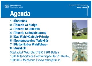 Agenda
2
13. Juni 2013, SGfM @ Inselspital
Maurice Codourey
1 | Überblick
2 | Theorie A: Nudge
3 | Theorie B: Didaktik
4 | Theorie C: Begeisterung
5 | Das Waid-Klatsch-Prinzip
6 | Spassmaschine Teddybär
7 | Klatschlabor Waidfokus+
8 | Ausblick
Stadtspital Waid: Start 1953 | 261 Betten |
1000 Mitarbeitende | Zentrumspital für ZH Nord+,
180‘000+ Menschen | www.waidspital.ch
 