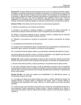 Código Penal
                                                                         Instituto de Estudios Legislativos


Artículo 273.- Comete el delito de trata de personas, quien incurra en la captación, trasporte, traslado,
la acogida o la recepción de personas; recurriendo a la amenaza o al uso de la fuerza u otras formas
de coacción, al rapto, al fraude, al engaño, al abuso de poder o de una situación de vulnerabilidad o a
la concesión o recepción de pagos o beneficios para obtener el consentimiento de una persona que
tenga autoridad sobre otra y con fines de explotación. Esa explotación incluirá, como mínimo, la
explotación de la prostitución ajena u otras formas de explotación sexual, los trabajos o servicios
forzados, la esclavitud o prácticas análogas a la esclavitud, la servidumbre o la extracción de órganos.

Artículo 273 Bis.- Para efectos del Artículo anterior, se entenderá por explotación:

I.- Someter a una persona a una condición de esclavitud;

II.- Someter a una persona a prácticas análogas a la esclavitud, las cuales comprenden: la
servidumbre por deuda, matrimonio forzado o servil, la explotación de la mendicidad ajena;

III.- Obligar a una persona mediante la fuerza, amenaza, coacción o cualquier tipo de restricción
física o moral, a proporcionar trabajos forzosos o servicios;

IV.- Mantener a una persona en condición de servidumbre, incluida la servidumbre de carácter
sexual;

V.- La explotación de la prostitución de otra persona;

VI.- Cualquier forma de explotación sexual, incluidos entre otros el proxenetismo, beneficiarse de la
prostitución ajena, mantener un prostíbulo, la producción de pornografía; y

VII.- La extracción ilícita de órganos, tejidos, sus componentes o derivados del organismo humano.

Las mismas penas se impondrán a quien, no acuda a la autoridad o a sus agentes para denunciar
el delito de trata de personas de cuya comisión se tenga noticia.

Artículo 274.- Quien resultare responsable del delito de trata de personas, además del decomiso
de todos los bienes producto de las conductas antes descritas, se impondrán las siguientes penas:

I.- De seis a doce años de prisión y multa de quinientos a mil quinientos días de salario mínimo.

II.- De nueve a dieciocho años de prisión y multa de setecientos cincuenta a dos mil doscientos
cincuenta días de salario mínimo, si el delito es cometido en contra de persona menor de dieciocho
años de edad o en contra de persona que no tenga capacidad para comprender el significado del
hecho o para resistirlo.

Artículo 274 Bis.- Las penas que resulten de las fracciones I y II del Artículo anterior, se
incrementarán hasta en una mitad:

a).- Si el agente se valiese de la función pública que tuviere o hubiere ostentado sin tenerla. Se
impondrá además, al servidor público la destitución del empleo, cargo o comisión públicos e
inhabilitación para desempeñar otro cargo, hasta por un tiempo igual al de la pena de prisión
impuesta;

b).- Cuando el sujeto activo del delito se aproveche de la condición de vulnerabilidad derivada de la
suma ignorancia, notoria inexperiencia, extrema miseria o extrema necesidad de la víctima, o
cuando ésta sea persona mayor de setenta años de edad, cuando se trate de persona indígena o
migrante; y




                                                                                                        56
 