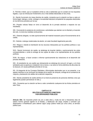 Código Penal
                                                                        Instituto de Estudios Legislativos

X.- Permita o tolere, que un ciudadano emita su voto a sabiendas que no cumple con los requisitos
legales, o que se introduzcan ilícitamente una o más boletas electorales en las urnas;

XI.- Siendo funcionario de mesa directiva de casilla, consienta que la votación se lleve a cabo en
forma ilegal; retenga u omita entregar a la autoridad electoral competente los paquetes electorales
en los términos previstos por la Ley;

XII.- Propale noticias falsas en torno al desarrollo de la jornada electoral o respecto de sus
resultados;

XIII.- Conociendo la existencia de condiciones o actividades que atenten con la libertad y el secreto
del voto, no tome las medidas conducentes;

XIV.- Estando obligado, no dote oportunamente del material necesario para el funcionamiento de la
casilla;

XV.- Solicite o retenga credenciales de elector, sin estar facultado legalmente para ello;

XVI.- Niegue o retarde la tramitación de los recursos interpuestos por los partidos políticos o sus
representantes;

XVII.- Siendo funcionario de casilla, se abstenga de levantar debida y oportunamente las actas
correspondientes u omita la entrega de las copias de ellas a los representantes de los partidos
políticos;

XVIII.- Se niegue a hacer constar o informar oportunamente las violaciones en el desarrollo del
proceso electoral;

XIX.- Al presidente de una casilla que dolosamente se abstenga de concurrir al lugar y a la hora
señalados para la apertura e instalación de la misma, o se retire en forma definitiva de ella antes de
la clausura, sin causa justificada prevista en la Ley;

XX.- Al integrante de los Consejos Distritales o Municipales electorales que no se presente, o se
separe mientras no se concluyan los trabajos de la sesión de cómputo, entrega de la constancia de
mayoría y declaración de validez de la elección respectiva;

XXI.- Siendo presidente de casilla admita en la misma la presencia de personas distintas a las que
legalmente puedan permanecer en ella; y

XXII.- Consienta que la votación se lleve a cabo cometiendo cualquiera de los ilícitos previstos en
este Título.


                                       CAPÍTULO IV
                             DELITOS ELECTORALES COMETIDOS
                                POR SERVIDORES PÚBLICOS


Artículo 356.- Se impondrá prisión de uno a siete años y multa de cien a trescientos días de
salario mínimo general vigente en el Estado, y destitución del cargo, empleo o comisión que
desempeñe e inhabilitación para obtener algún cargo público hasta por cinco años, al servidor
público que:




                                                                                                       82
 