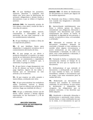 CÓDIGO PENAL DEL ESTADO LIBRE Y SOBERANO DE PUEBLA.
51
III.- Al que falsifique los punzones,
matrices, planchas o cualquier otro
objeto que sirva para la fabricación de
acciones, obligaciones y demás títulos o
documentos a que se refiere el Capítulo
anterior.
Artículo 249.- Se impondrá prisión de
tres meses a tres años y multa de diez a
cien días de salario:
I.- Al que falsifique sellos, marcas,
contraseñas o estampillas de un
particular, de una casa comercial o de
un establecimiento industrial;
II.- Al que falsifique un boleto o ficha de
un espectáculo público;
III.- Al que falsifique llaves para
adaptarlas a cualquiera cerradura sin el
consentimiento del dueño de ésta;
IV.- Al que ponga en un efecto o
producto industrial, el nombre o la razón
social de un fabricante diverso del que lo
fabricó; y al comisionista o expendedor
del mismo efecto o producto que, a
sabiendas, lo ponga en venta;
V.- Al que borre o haga desaparecer con
el fin de obtener un lucro o eludir un
pago legítimo, alguno de los sellos o
marcas que se mencionan en este
artículo y en el anterior;
VI.- Al que enajene un sello, punzón o
marca falsos, ocultando este vicio;
VII.- Al que procurándose los verdaderos
sellos, punzones, marcas y demás
objetos a que se refieren este artículo y el
anterior, haga uso indebido de ellos; y
VIII.- Al que, a sabiendas, hiciere uso de
llaves, sellos, marcas y demás objetos
expresados en las fracciones I y III de
este artículo.
SECCIÓN TERCERA
FALSIFICACION DE DOCUMENTOS
EN GENERAL
Artículo 250.- El delito de falsificación
de documentos se comete por alguno de
los medios siguientes:
I.- Poniendo una firma o rúbrica falsas,
aun cuando sea imaginaria o alterando
una verdadera;
II.- Aprovechando indebidamente una
firma o rúbrica ajenas en blanco,
extendiendo una obligación, liberación o
cualquier otro documento que pueda
comprometer los bienes, la honra, la
integridad, la dignidad de otra persona, o
causar un perjuicio a ésta, a la sociedad,
o al Estado; 
III.- Alterando el contexto de un
documento verdadero, después de
concluido y firmado, si esto cambiare su
sentido sobre alguna circunstancia o
punto substancial, ya sea añadiendo,
enmendando o borrando, en todo o en
parte, una o más palabras o cláusulas, o
ya variando la puntuación;
IV.- Variando la fecha o cualquiera otra
circunstancia relativa al tiempo de la
ejecución del acto que se exprese en el
documento;
V.- Atribuyéndose el que extiende el
documento, o atribuyendo a la persona
en cuyo nombre lo hace, un nombre,
investidura, calidad o circunstancia que
no tenga y que sean necesarios para la
validez del acto;
VI.- Redactando un documento en
términos que cambien la convención
celebrada, en otra diversa, en que varíen
la declaración o disposición del
otorgante, las obligaciones que se
propuso contratar, o los derechos que
debió adquirir;
VII.- Añadiendo o alterando cláusulas o
declaraciones o asentando como ciertos,
hechos falsos, o como confesados los que
no lo están, si el documento en que se

La fracción II del artículo 250 se reformó por Decreto publicado en el P.O.E.
de fecha 31 de diciembre de 2012.
 