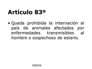 Artículo 83º
• Queda prohibida la internación al
  país de animales afectados por
  enfermedades   transmisibles    al
  hombre o sospechoso de estarlo.




           ISSEM
 