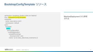 14Confidential │ ©2020 VMware, Inc.
BootstrapConfigTemplate リソース
MachineDeployment から参照
される
apiVersion: bootstrap.cluster.x-k8s.io/v1alpha3
kind: KubeadmConfigTemplate
metadata:
name: aws-demo-md-0
namespace: default
spec:
template:
spec:
joinConfiguration:
nodeRegistration:
kubeletExtraArgs:
cloud-provider: aws
name: '{{ ds.meta_data.local_hostname }}'
 