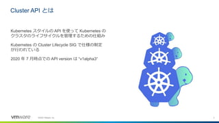 3©2020 VMware, Inc.
Cluster API とは
Kubernetes スタイルの API を使って Kubernetes の
クラスタのライフサイクルを管理するための仕組み
Kubernetes の Cluster Lifecycle SIG で仕様の制定
が行われている
2020 年 7 月時点での API version は “v1alpha3“
 