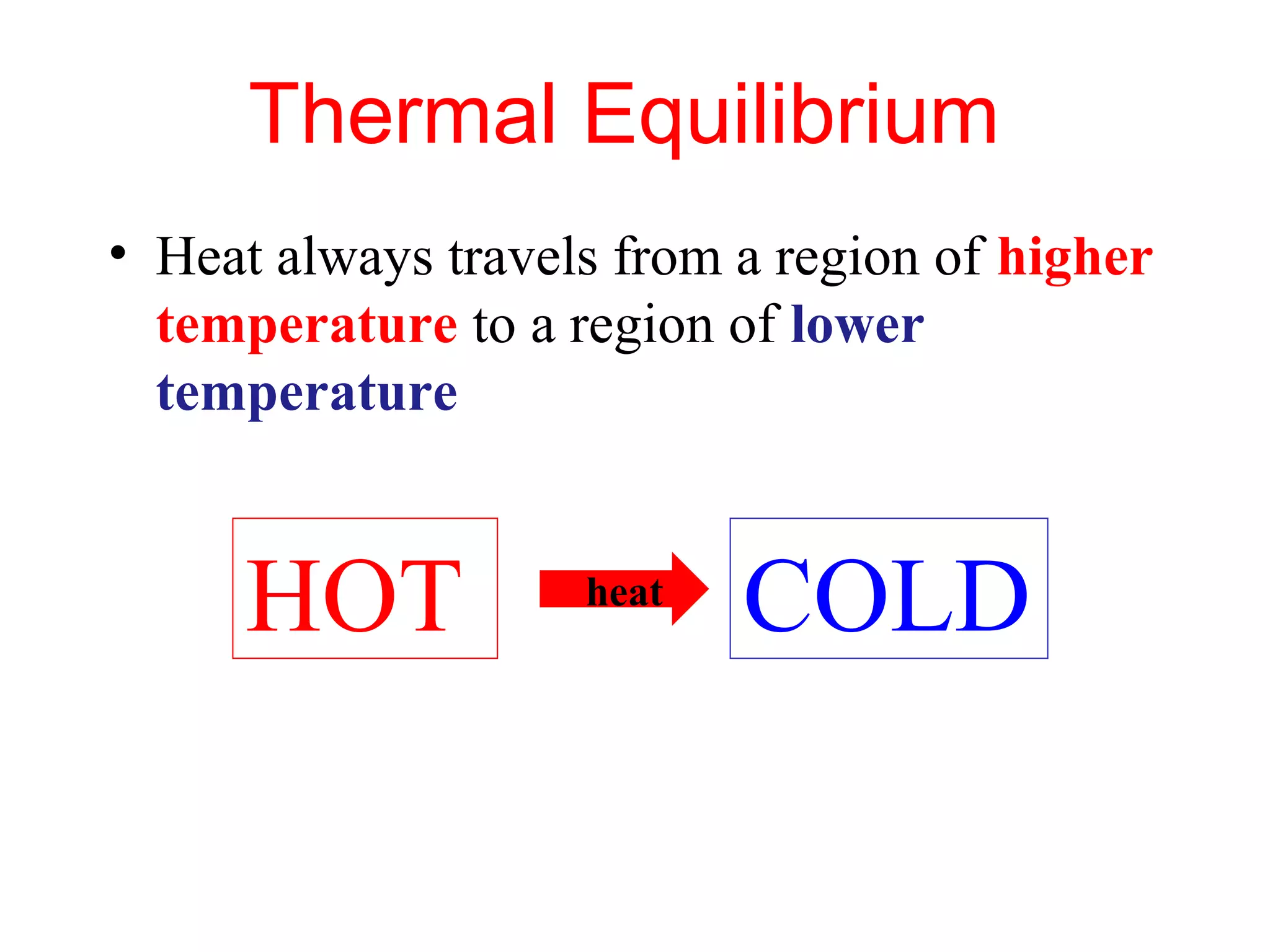 Thermal Equilibrium
• Heat always travels from a region of higher
  temperature to a region of lower
  temperature


     HOT            heat
                           COLD
 
