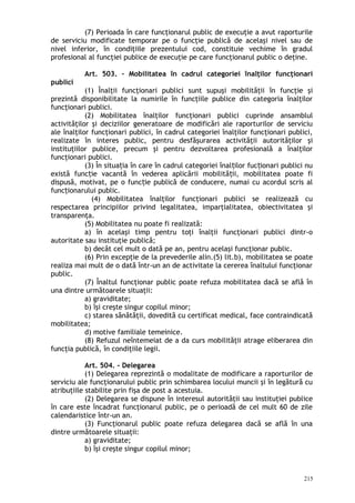 (7) Perioada în care funcţionarul public de execuţie a avut raporturile
de serviciu modificate temporar pe o funcţie publică de acelaşi nivel sau de
nivel inferior, în condiţiile prezentului cod, constituie vechime în gradul
profesional al funcţiei publice de execuţie pe care funcţionarul public o deţine.
Art. 503. – Mobilitatea în cadrul categoriei înalţilor funcţionari
publici
(1) Înalţii funcţionari publici sunt supuşi mobilităţii în funcţie şi
prezintă disponibilitate la numirile în funcţiile publice din categoria înalţilor
funcţionari publici.
(2) Mobilitatea înalţilor funcţionari publici cuprinde ansamblul
activităţilor şi deciziilor generatoare de modificări ale raporturilor de serviciu
ale înalţilor funcţionari publici, în cadrul categoriei înalţilor funcţionari publici,
realizate în interes public, pentru desfăşurarea activităţii autorităţilor şi
instituţiilor publice, precum şi pentru dezvoltarea profesională a înalţilor
funcţionari publici.
(3) În situa ia în care în cadrul categoriei înal ilor fuc ionari publici nuț ț ț
există func ie vacantă în vederea aplicării mobilită ii, mobilitatea poate fiț ț
dispusă, motivat, pe o func ie publică de conducere, numai cu acordul scris alț
func ionarului public.ț
(4) Mobilitatea înalţilor funcţionari publici se realizează cu
respectarea principiilor privind legalitatea, imparţialitatea, obiectivitatea şi
transparenţa.
(5) Mobilitatea nu poate fi realizată:
a) în acelaşi timp pentru toţi înalţii funcţionari publici dintr-o
autoritate sau instituţie publică;
b) decât cel mult o dată pe an, pentru acelaşi funcţionar public.
(6) Prin excepţie de la prevederile alin.(5) lit.b), mobilitatea se poate
realiza mai mult de o dată într-un an de activitate la cererea înaltului funcţionar
public.
(7) Înaltul funcţionar public poate refuza mobilitatea dacă se află în
una dintre următoarele situaţii:
a) graviditate;
b) îşi creşte singur copilul minor;
c) starea sănătăţii, dovedită cu certificat medical, face contraindicată
mobilitatea;
d) motive familiale temeinice.
(8) Refuzul neîntemeiat de a da curs mobilităţii atrage eliberarea din
funcţia publică, în condiţiile legii.
Art. 504. – Delegarea
(1) Delegarea reprezintă o modalitate de modificare a raporturilor de
serviciu ale funcţionarului public prin schimbarea locului muncii şi în legătură cu
atribuţiile stabilite prin fişa de post a acestuia.
(2) Delegarea se dispune în interesul autorităţii sau instituţiei publice
în care este încadrat funcţionarul public, pe o perioadă de cel mult 60 de zile
calendaristice într-un an.
(3) Funcţionarul public poate refuza delegarea dacă se află în una
dintre următoarele situaţii:
a) graviditate;
b) îşi creşte singur copilul minor;
215
 