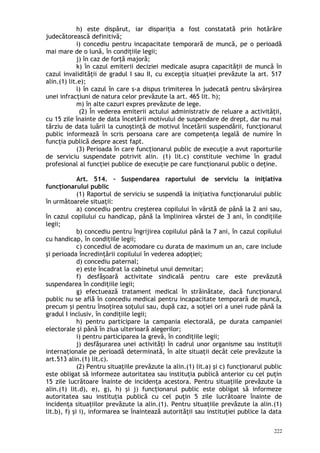 h) este dispărut, iar dispariţia a fost constatată prin hotărâre
judecătorească definitivă;
i) concediu pentru incapacitate temporară de muncă, pe o perioadă
mai mare de o lună, în condiţiile legii;
j) în caz de forţă majoră;
k) în cazul emiterii deciziei medicale asupra capacităţii de muncă în
cazul invalidităţii de gradul I sau II, cu excepţia situaţiei prevăzute la art. 517
alin.(1) lit.e);
l) în cazul în care s-a dispus trimiterea în judecată pentru săvârşirea
unei infracţiuni de natura celor prevăzute la art. 465 lit. h);
m) în alte cazuri expres prevăzute de lege.
(2) În vederea emiterii actului administrativ de reluare a activităţii,
cu 15 zile înainte de data încetării motivului de suspendare de drept, dar nu mai
târziu de data luării la cunoştinţă de motivul încetării suspendării, funcţionarul
public informează în scris persoana care are competenţa legală de numire în
funcţia publică despre acest fapt.
(3) Perioada în care funcţionarul public de execuţie a avut raporturile
de serviciu suspendate potrivit alin. (1) lit.c) constituie vechime în gradul
profesional al funcţiei publice de execuţie pe care funcţionarul public o deţine.
Art. 514. – Suspendarea raportului de serviciu la iniţiativa
funcţionarului public
(1) Raportul de serviciu se suspendă la iniţiativa funcţionarului public
în următoarele situaţii:
a) concediu pentru creşterea copilului în vârstă de până la 2 ani sau,
în cazul copilului cu handicap, până la împlinirea vârstei de 3 ani, în condiţiile
legii;
b) concediu pentru îngrijirea copilului până la 7 ani, în cazul copilului
cu handicap, în condiţiile legii;
c) concediul de acomodare cu durata de maximum un an, care include
şi perioada încredinţării copilului în vederea adopţiei;
d) concediu paternal;
e) este încadrat la cabinetul unui demnitar;
f) desfăşoară activitate sindicală pentru care este prevăzută
suspendarea în condiţiile legii;
g) efectuează tratament medical în străinătate, dacă funcţionarul
public nu se află în concediu medical pentru incapacitate temporară de muncă,
precum şi pentru însoţirea soţului sau, după caz, a soţiei ori a unei rude până la
gradul I inclusiv, în condiţiile legii;
h) pentru participare la campania electorală, pe durata campaniei
electorale şi până în ziua ulterioară alegerilor;
i) pentru participarea la grevă, în condiţiile legii;
j) desfăşurarea unei activităţi în cadrul unor organisme sau instituţii
internaţionale pe perioadă determinată, în alte situaţii decât cele prevăzute la
art.513 alin.(1) lit.c).
(2) Pentru situaţiile prevăzute la alin.(1) lit.a) şi c) funcţionarul public
este obligat să informeze autoritatea sau instituţia publică anterior cu cel puţin
15 zile lucrătoare înainte de incidenţa acestora. Pentru situaţiile prevăzute la
alin.(1) lit.d), e), g), h) şi j) funcţionarul public este obligat să informeze
autoritatea sau instituţia publică cu cel puţin 5 zile lucrătoare înainte de
incidenţa situaţiilor prevăzute la alin.(1). Pentru situaţiile prevăzute la alin.(1)
lit.b), f) şi i), informarea se înaintează autorităţii sau instituţiei publice la data
222
 