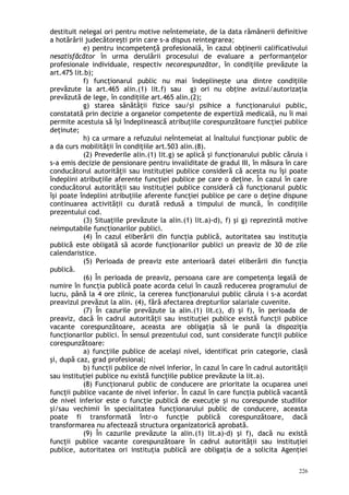 destituit nelegal ori pentru motive neîntemeiate, de la data rămânerii definitive
a hotărârii judecătoreşti prin care s-a dispus reintegrarea;
e) pentru incompetenţă profesională, în cazul obţinerii calificativului
nesatisfăcător în urma derulării procesului de evaluare a performanţelor
profesionale individuale, respectiv necorespunzător, în condiţiile prevăzute la
art.475 lit.b);
f) funcţionarul public nu mai îndeplineşte una dintre condiţiile
prevăzute la art.465 alin.(1) lit.f) sau g) ori nu obţine avizul/autorizaţia
prevăzută de lege, în condiţiile art.465 alin.(2);
g) starea sănătăţii fizice sau/şi psihice a funcţionarului public,
constatată prin decizie a organelor competente de expertiză medicală, nu îi mai
permite acestuia să îşi îndeplinească atribuţiile corespunzătoare funcţiei publice
deţinute;
h) ca urmare a refuzului neîntemeiat al înaltului funcţionar public de
a da curs mobilităţii în condiţiile art.503 alin.(8).
(2) Prevederile alin.(1) lit.g) se aplică şi funcţionarului public căruia i
s-a emis decizie de pensionare pentru invaliditate de gradul III, în măsura în care
conducătorul autorităţii sau instituţiei publice consideră că acesta nu îşi poate
îndeplini atribuţiile aferente funcţiei publice pe care o deţine. În cazul în care
conducătorul autorităţii sau instituţiei publice consideră că funcţionarul public
îşi poate îndeplini atribuţiile aferente funcţiei publice pe care o deţine dispune
continuarea activităţii cu durată redusă a timpului de muncă, în condiţiile
prezentului cod.
(3) Situaţiile prevăzute la alin.(1) lit.a)-d), f) şi g) reprezintă motive
neimputabile funcţionarilor publici.
(4) În cazul eliberării din funcţia publică, autoritatea sau instituţia
publică este obligată să acorde funcţionarilor publici un preaviz de 30 de zile
calendaristice.
(5) Perioada de preaviz este anterioară datei eliberării din funcţia
publică.
(6) În perioada de preaviz, persoana care are competenţa legală de
numire în funcţia publică poate acorda celui în cauză reducerea programului de
lucru, până la 4 ore zilnic, la cererea func ionarului public căruia i s-a acordatț
preavizul prevăzut la alin. (4), fără afectarea drepturilor salariale cuvenite.
(7) În cazurile prevăzute la alin.(1) lit.c), d) şi f), în perioada de
preaviz, dacă în cadrul autorităţii sau instituţiei publice există funcţii publice
vacante corespunzătoare, aceasta are obligaţia să le pună la dispoziţia
funcţionarilor publici. În sensul prezentului cod, sunt considerate funcţii publice
corespunzătoare:
a) funcţiile publice de acelaşi nivel, identificat prin categorie, clasă
şi, după caz, grad profesional;
b) funcţii publice de nivel inferior, în cazul în care în cadrul autorităţii
sau instituţiei publice nu există funcţiile publice prevăzute la lit.a).
(8) Funcţionarul public de conducere are prioritate la ocuparea unei
funcţii publice vacante de nivel inferior. În cazul în care funcţia publică vacantă
de nivel inferior este o funcţie publică de execuţie şi nu corespunde studiilor
şi/sau vechimii în specialitatea funcţionarului public de conducere, aceasta
poate fi transformată într-o funcţie publică corespunzătoare, dacă
transformarea nu afectează structura organizatorică aprobată.
(9) În cazurile prevăzute la alin.(1) lit.a)-d) şi f), dacă nu există
funcţii publice vacante corespunzătoare în cadrul autorităţii sau instituţiei
publice, autoritatea ori instituţia publică are obligaţia de a solicita Agenţiei
226
 