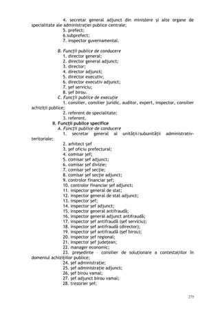4. secretar general adjunct din ministere şi alte organe de
specialitate ale administraţiei publice centrale;
5. prefect;
6.subprefect;
7. inspector guvernamental.
B. Funcţii publice de conducere
1. director general;
2. director general adjunct;
3. director;
4. director adjunct;
5. director executiv;
6. director executiv adjunct;
7. şef serviciu;
8. şef birou.
C. Funcţii publice de execuţie
1. consilier, consilier juridic, auditor, expert, inspector, consilier
achiziţii publice;
2. referent de specialitate;
3. referent.
II. Funcţii publice specifice
A. Funcţii publice de conducere
1. secretar general al unităţii/subunităţii administrativ-
teritoriale;
2. arhitect efș
3. şef oficiu prefectural;
4. comisar şef;
5. comisar şef adjunct;
6. comisar şef divizie;
7. comisar şef secţie;
8. comisar şef secţie adjunct;
9. controlor financiar şef;
10. controlor financiar şef adjunct;
11. inspector general de stat;
12. inspector general de stat adjunct;
13. inspector şef;
14. inspector şef adjunct;
15. inspector general antifraudă;
16. inspector general adjunct antifraudă;
17. inspector şef antifraudă (şef serviciu);
18. inspector şef antifraudă (director);
19. inspector şef antifraudă (şef birou);
20. inspector şef regional;
21. inspector şef judeţean;
22. manager economic;
23. preşedinte – consilier de soluţionare a contestaţiilor în
domeniul achiziţiilor publice;
24. şef administraţie;
25. şef administraţie adjunct;
26. şef birou vamal;
27. şef adjunct birou vamal;
28. trezorier şef;
275
 