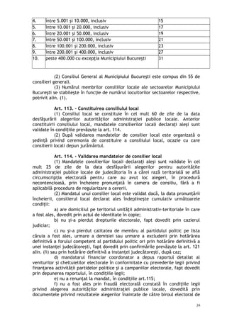 4. între 5.001 şi 10.000, inclusiv 15
5. între 10.001 şi 20.000, inclusiv 17
6. între 20.001 şi 50.000, inclusiv 19
7. între 50.001 şi 100.000, inclusiv 21
8. între 100.001 şi 200.000, inclusiv 23
9. între 200.001 şi 400.000, inclusiv 27
10. peste 400.000 cu excepţia Municipiului Bucureşti 31
(2) Consiliul General al Municipiului Bucureşti este compus din 55 de
consilieri generali.
(3) Numărul membrilor consiliilor locale ale sectoarelor Municipiului
Bucureşti se stabileşte în funcţie de numărul locuitorilor sectoarelor respective,
potrivit alin. (1).
Art. 113. – Constituirea consiliului local
(1) Consiliul local se constituie în cel mult 60 de zile de la data
desfăşurării alegerilor autorităţilor administraţiei publice locale. Anterior
constituirii consiliului local, mandatele consilierilor locali declaraţi aleşi sunt
validate în condi iile prevăzute la art. 114.ț
(2) După validarea mandatelor de consilier local este organizată o
şedinţă privind ceremonia de constituire a consiliului local, ocazie cu care
consilierii locali depun jurământul.
Art. 114. – Validarea mandatelor de consilier local
(1) Mandatele consilierilor locali declaraţi aleşi sunt validate în cel
mult 25 de zile de la data desfăşurării alegerilor pentru autorităţile
administraţiei publice locale de judecătoria în a cărei rază teritorială se află
circumscripţia electorală pentru care au avut loc alegeri, în procedură
necontencioasă, prin încheiere pronunţată în camera de consiliu, fără a fi
aplicabilă procedura de regularizare a cererii.
(2) Mandatul unui consilier local este validat dacă, la data pronunţării
încheierii, consilierul local declarat ales îndeplineşte cumulativ următoarele
condiţii:
a) are domiciliul pe teritoriul unităţii administrativ-teritoriale în care
a fost ales, dovedit prin actul de identitate în copie;
b) nu şi-a pierdut drepturile electorale, fapt dovedit prin cazierul
judiciar;
c) nu şi-a pierdut calitatea de membru al partidului politic pe lista
căruia a fost ales, urmare a demisiei sau urmare a excluderii prin hotărârea
definitivă a forului competent al partidului politic ori prin hotărâre definitivă a
unei instanţei judecătoreşti, fapt dovedit prin confirmările prevăzute la art. 121
alin. (1) sau prin hotărâre definitivă a instanţei judecătoreşti, după caz;
d) mandatarul financiar coordonator a depus raportul detaliat al
veniturilor şi cheltuielilor electorale în conformitate cu prevederile legii privind
finanţarea activităţii partidelor politice şi a campaniilor electorale, fapt dovedit
prin depunerea raportului, în condiţiile legii;
e) nu a renunţat la mandat, în condiţiile art.115;
f) nu a fost ales prin fraudă electorală constată în condiţiile legii
privind alegerea autorităţilor administraţiei publice locale, dovedită prin
documentele privind rezultatele alegerilor înaintate de către biroul electoral de
39
 