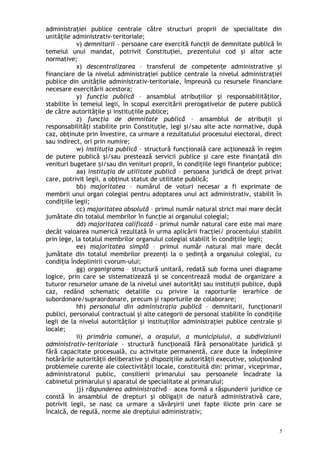 administraţiei publice centrale către structuri proprii de specialitate din
unităţile administrativ-teritoriale;
v) demnitarii – persoane care exercită funcţii de demnitate publică în
temeiul unui mandat, potrivit Constituţiei, prezentului cod şi altor acte
normative;
x) descentralizarea – transferul de competen e administrative şiț
financiare de la nivelul administraţiei publice centrale la nivelul administraţiei
publice din unităţile administrativ-teritoriale, împreună cu resursele financiare
necesare exercitării acestora;
y) funcţia publică – ansamblul atribuţiilor şi responsabilităţilor,
stabilite în temeiul legii, în scopul exercitării prerogativelor de putere publică
de către autorităţile şi instituţiile publice;
z) funcţia de demnitate publică – ansamblul de atribuţii şi
responsabilităţi stabilite prin Constituţie, legi şi/sau alte acte normative, după
caz, obţinute prin învestire, ca urmare a rezultatului procesului electoral, direct
sau indirect, ori prin numire;
w) instituţia publică – structură funcţională care acţionează în regim
de putere publică şi/sau prestează servicii publice şi care este finanţată din
venituri bugetare i/sau din venituri proprii, în condiţiile legii finanţelor publice;ș
aa) instituţia de utilitate publică – persoana juridică de drept privat
care, potrivit legii, a obţinut statut de utilitate publică;
bb) majoritatea – numărul de voturi necesar a fi exprimate de
membrii unui organ colegial pentru adoptarea unui act administrativ, stabilit în
condiţiile legii;
cc) majoritatea absolută – primul număr natural strict mai mare decât
jumătate din totalul membrilor în funcţie ai organului colegial;
dd) majoritatea calificată – primul număr natural care este mai mare
decât valoarea numerică rezultată în urma aplicării fracţiei/ procentului stabilit
prin lege, la totalul membrilor organului colegial stabilit în condiţiile legii;
ee) majoritatea simplă – primul număr natural mai mare decât
jumătate din totalul membrilor prezenţi la o şedinţă a organului colegial, cu
condiţia îndeplinirii cvorum-ului;
gg) organigrama – structură unitară, redată sub forma unei diagrame
logice, prin care se sistematizează şi se concentrează modul de organizare a
tuturor resurselor umane de la nivelul unei autorităţi sau instituţii publice, după
caz, redând schematic detaliile cu privire la raporturile ierarhice de
subordonare/supraordonare, precum şi raporturile de colaborare;
hh) personalul din administraţia publică – demnitarii, funcţionarii
publici, personalul contractual şi alte categorii de personal stabilite în condiţiile
legii de la nivelul autorităţilor şi instituţiilor administraţiei publice centrale şi
locale;
ii) primăria comunei, a oraşului, a municipiului, a subdiviziunii
administrativ-teritoriale – structură funcţională fără personalitate juridică şi
fără capacitate procesuală, cu activitate permanentă, care duce la îndeplinire
hotărârile autorităţii deliberative şi dispoziţiile autorităţii executive, soluţionând
problemele curente ale colectivităţii locale, constituită din: primar, viceprimar,
administratorul public, consilierii primarului sau persoanele încadrate la
cabinetul primarului şi aparatul de specialitate al primarului;
jj) răspunderea administrativă – acea formă a răspunderii juridice ce
constă în ansamblul de drepturi şi obligaţii de natură administrativă care,
potrivit legii, se nasc ca urmare a săvârşirii unei fapte ilicite prin care se
încalcă, de regulă, norme ale dreptului administrativ;
5
 