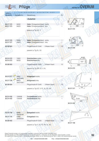 Pflüge

passend zu

v e r w e n d b a r

Artikel- u.
Bestell-Nr.:

Hersteller-Nr.:

a n s t e l l e

ÖVERUM

v o n

Bezeichnung

PE

Zubehör
00 217 272
00 217 273

84022
84023

Halter f.Einlegestreichblech rechts
Halter f.Einlegestreichblech links

1
1
00 217 272

passend zu Typ UC, V

00 217 276
00 217 277

94624
94625

1
1

Pflugschraube M 12x40

00 228 923

Halter f.Einlegestreichblech rechts
Halter f.Einlegestreichblech links

10

2-Nasen Huard

00 217 276

passend zu Typ XL, XU

00 214 272
00 214 273

74922
80559

00 228 923

Streichschiene rechts
Streichschiene links
Pflugschraube M 12x40

1
1
2-Nasen Huard

10
00 214 272

passend zu Typ SR, UC, V, XL

00 217 517

Aus

00 217 518

Aus

laufte

il

laufte

il

94622
3940746M1
94623
3940745M1

00 228 924

Anlagensech rechts

1

Anlagensech links

1

Pflugschraube M 12x45

2-Nasen Huard

10
00 217 517

passend zu Typ UC, V, FC, XL, XU, AH

00 214 432
00 214 433

1349408
1349409

Furchenbrecher rechts
Furchenbrecher links

1
1
00 214 432

370

00 217 190
00 217 191
00 228 922

83969
3940301M1
83968
3940300M1

Einlegeblech rechts

1

Einlegeblech links

1

Pflugschraube M 12x35

2-Nasen Huard

64

10
00 217 190

passend zu Typ V, UC, FC, FK, XL, XU

Obige Ersatzteile werden von ausgesuchten Herstellern produziert und sind KEINE ORIGINALTEILE.
Alle Teile werden von PRILLINGER laufend auf ihre Qualität geprüft u. untersucht, mit dem Bestreben, beste Qualität zu bieten.
Die angeführten Originalnummern u. Systembezeichnungen dienen nur zur Identifizierung der Teile u. dürfen nicht weiterverwendet werden.
Tel.: +43(0)7242/230-200

Fax: +43(0)7242/230-250

99

 