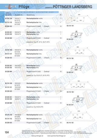 Pflüge
Artikel- u.
Bestell-Nr.:
00 216 194
00 216 195

v e r w e n d b a r

a n s t e l l e

PÖTTINGER LANDSBERG

v o n

Hersteller-Nr.:

Bezeichnung

PE

190.36.71
041317Z
190.36.72
041318Z

Wechselspitzschar rechts

1

Wechselspitzschar links

1

00 228 423

00 203 201
00 203 202

passend zu

Pflugschraube M 12x40

190.36.75
190.36.76

00 228 980

2-Nasen

Wechselspitze rechts
Wechselspitze links
Pflugschraube M 12x32

10

00 216 194

1
1
Ovalkopf

10

00 203 201

passend zu Typ UF, UF-S, 35-27 UF/S

00 216 196
00 216 197

190.36.73
041319Z
190.36.74
041320Z

00 228 423

00 203 201
00 203 202

Wechselspitzschar rechts

1

Wechselspitzschar links

1

Pflugschraube M 12x40

190.36.75
190.36.76

00 228 980

2-Nasen

Wechselspitze rechts
Wechselspitze links
Pflugschraube M 12x32

10

00 216 196

1
1
Ovalkopf

10

00 203 201

passend zu Typ 35-30 UF, 35-35 UF/S

00 216 180
00 216 181

190.35.81
041327Z
190.35.82
041328Z

00 228 423

00 203 201
00 203 202

Wechselspitzschar rechts

1

Wechselspitzschar links

1

Pflugschraube M 12x40

190.36.75
190.36.76

00 228 980

2-Nasen

Wechselspitze rechts
Wechselspitze links
Pflugschraube M 12x32

10

00 216 180

1
1
Ovalkopf

10
00 203 201

passend zu Typ 40-35 UF/S

00 216 192
00 216 193
00 228 423

104

190.36.78
041329Z
190.36.79
041330Z

Wechselspitzschar rechts

1

Wechselspitzschar links

1

Pflugschraube M 12x40

2-Nasen

10

00 216 192

Obige Ersatzteile werden von ausgesuchten Herstellern produziert und sind KEINE ORIGINALTEILE.
Alle Teile werden von PRILLINGER laufend auf ihre Qualität geprüft u. untersucht, mit dem Bestreben, beste Qualität zu bieten.
Die angeführten Originalnummern u. Systembezeichnungen dienen nur zur Identifizierung der Teile u. dürfen nicht weiterverwendet werden.
www.prillinger.at

mein.partner@prillinger.at

 