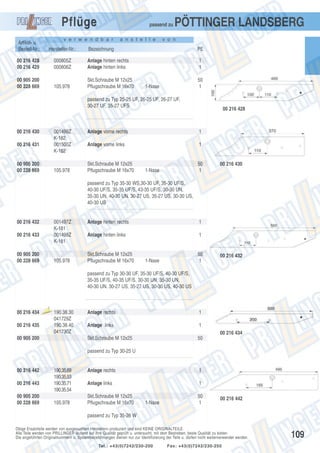 Pflüge

passend zu

v e r w e n d b a r

Artikel- u.
Bestell-Nr.:

Hersteller-Nr.:

00 216 428
00 216 429
00 905 200
00 228 669

a n s t e l l e

PÖTTINGER LANDSBERG

v o n

Bezeichnung

PE

000805Z
000806Z

Anlage hinten rechts
Anlage hinten links

1
1

105.978

Skt.Schraube M 12x25
Pflugschraube M 16x70

50
1

1-Nase

passend zu Typ 25-25 UF, 26-25 UF, 26-27 UF,
30-27 UF, 35-27 UFS

00 216 430

001499Z
K-182
001500Z
K-182

00 216 431

00 905 200
00 228 669

105.978

00 216 428

Anlage vorne rechts

1

Anlage vorne links

1

Skt.Schraube M 12x25
Pflugschraube M 16x70

50
1

1-Nase

00 216 430

passend zu Typ 35-30 WS,30-30 UF, 35-30 UF/S,
40-30 UF/S, 35-35 UF/S, 43-35 UF/S, 30-30 UN,
35-30 UN, 40-30 UN. 30-27 US, 35-27 US, 30-30 US,
40-30 US

00 216 432

001497Z
K-181
001498Z
K-181

00 216 433

00 905 200
00 228 669

105.978

Anlage hinten rechts

1

Anlage hinten links

1

Skt.Schraube M 12x25
Pflugschraube M 16x70

50
1

1-Nase

00 216 432

passend zu Typ 30-30 UF, 35-30 UF/S, 40-30 UF/S,
35-35 UF/S, 40-35 UF/S, 30-30 UN, 35-30 UN,
40-30 UN. 30-27 US, 35-27 US, 30-30 US, 40-30 US

00 216 434
00 216 435

Aus

laufte

il

190.38.30
041729Z
190.38.40
041730Z

1

Anlage links

1

Skt.Schraube M 12x25

00 905 200

Anlage rechts

50

00 216 434
passend zu Typ 30-25 U

00 216 442
00 216 443
00 905 200
00 228 669

190.35.69
190.35.53
190.35.71
190.35.54
105.978

Anlage rechts

1

Anlage links

1

Skt.Schraube M 12x25
Pflugschraube M 16x70

1-Nase

50
1

00 216 442

passend zu Typ 35-26 W
Obige Ersatzteile werden von ausgesuchten Herstellern produziert und sind KEINE ORIGINALTEILE.
Alle Teile werden von PRILLINGER laufend auf ihre Qualität geprüft u. untersucht, mit dem Bestreben, beste Qualität zu bieten.
Die angeführten Originalnummern u. Systembezeichnungen dienen nur zur Identifizierung der Teile u. dürfen nicht weiterverwendet werden.
Tel.: +43(0)7242/230-200

Fax: +43(0)7242/230-250

109

 