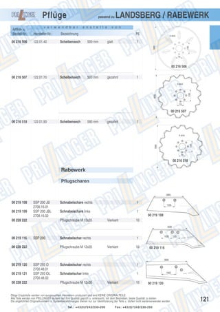 Pflüge

passend zu

v e r w e n d b a r

Artikel- u.
Bestell-Nr.:

Hersteller-Nr.:
122.01.40

Scheibensech

v o n

Bezeichnung

00 216 506

a n s t e l l e

LANDSBERG / RABEWERK
PE

500 mm

glatt

1

00 216 506
00 216 507

122.01.70

Scheibensech

500 mm

gezahnt

1

00 216 507
00 216 518

122.01.90

Scheibensech

590 mm

gezahnt

1

00 216 518

Rabewerk
Pflugscharen

00 219 108
00 219 109

SSP 200 JB
2708.16.01
SSP 200 JBL
2708.16.02

00 228 222

00 219 116

00 219 121
00 228 222

1

Schnabelschare links

1
00 219 108

Pflugschraube M 12x35

SSP 290

00 228 222

00 219 120

Schnabelschare rechts

Schnabelschar rechts
Pflugschraube M 12x35

SSP 293 O
2700.48.01
SSP 293 OL
2700.48.02

Vierkant

10

1
Vierkant

10

Schnabelschar rechts

1

Schnabelschar links

00 219 116

1

Pflugschraube M 12x35

Vierkant

10

00 219 120

Obige Ersatzteile werden von ausgesuchten Herstellern produziert und sind KEINE ORIGINALTEILE.
Alle Teile werden von PRILLINGER laufend auf ihre Qualität geprüft u. untersucht, mit dem Bestreben, beste Qualität zu bieten.
Die angeführten Originalnummern u. Systembezeichnungen dienen nur zur Identifizierung der Teile u. dürfen nicht weiterverwendet werden.
Tel.: +43(0)7242/230-200

Fax: +43(0)7242/230-250

121

 