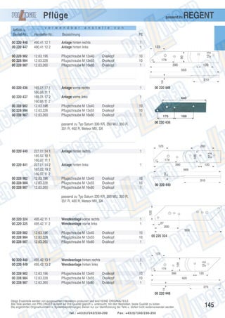 Pflüge

passend zu

v e r w e n d b a r

a n s t e l l e

REGENT

v o n

Artikel- u.
Bestell-Nr.:

Hersteller-Nr.:

Bezeichnung

PE

00 220 446
00 220 447

490.41.12 1
490.41.12 2

Anlage hinten rechts
Anlage hinten links

1
1

00 228 982
00 228 984
00 228 987

12.63.196
12.63.228
12.63.260

Pflugschraube M 12x40
Pflugschraube M 12x55
Pflugschraube M 16x80

00 220 436

165.01.17 1
160.06.11 1
165.01.17 2
160.06.11 2
12.63.196
12.63.228
12.63.260

Anlage vorne rechts

1

Anlage vorne links

1

00 220 437
00 228 982
00 228 984
00 228 987

Pflugschraube M 12x40
Pflugschraube M 12x55
Pflugschraube M 16x80

Ovalkopf
Ovalkopf
Ovalkopf

10
10
1

Ovalkopf
Ovalkopf
Ovalkopf

10
10
1
00 220 436

passend zu Typ Saturn 330 KR, 350 MU, 350 R,
351 R, 400 R, Meteor MX, SX

00 220 440

00 220 441

00 228 982
00 228 984
00 228 987

227.01.14 1
165.02.19 1
160.07.11 1
227.01.14 2
165.02.19 2
160.07.11 2
12.63.196
12.63.228
12.63.260

00 220 446

Anlage hinten rechts

1

Anlage hinten links

1

Pflugschraube M 12x40
Pflugschraube M 12x55
Pflugschraube M 16x80

Ovalkopf
Ovalkopf
Ovalkopf

10
10
1

00 220 440

passend zu Typ Saturn 330 KR, 350 MU, 350 R,
351 R, 400 R, Meteor MX, SX

00 220 324
00 220 325

495.42.11 1
495.42.11 2

Wendeanlage vorne rechts
Wendeanlage vorne links

00 228 982
00 228 984
00 228 987

12.63.196
12.63.228
12.63.260

Pflugschraube M 12x40
Pflugschraube M 12x55
Pflugschraube M 16x80

00 220 448
00 220 449

495.42.13 1
495.42.13 2

Wendeanlage hinten rechts
Wendeanlage hinten links

00 228 982
00 228 984
00 228 987

12.63.196
12.63.228
12.63.260

Pflugschraube M 12x40
Pflugschraube M 12x55
Pflugschraube M 16x80

1
1
Ovalkopf
Ovalkopf
Ovalkopf

10
10
1

00 220 324

1
1
Ovalkopf
Ovalkopf
Ovalkopf

10
10
1
00 220 448

Obige Ersatzteile werden von ausgesuchten Herstellern produziert und sind KEINE ORIGINALTEILE.
Alle Teile werden von PRILLINGER laufend auf ihre Qualität geprüft u. untersucht, mit dem Bestreben, beste Qualität zu bieten.
Die angeführten Originalnummern u. Systembezeichnungen dienen nur zur Identifizierung der Teile u. dürfen nicht weiterverwendet werden.
Tel.: +43(0)7242/230-200

Fax: +43(0)7242/230-250

145

 