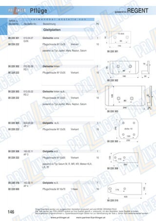 Pflüge
Artikel- u.
Bestell-Nr.:

passend zu

v e r w e n d b a r

Hersteller-Nr.:

a n s t e l l e

REGENT

v o n

Bezeichnung

PE

Gleitplatten
00 220 301

013.04.07
GVN

00 228 222

Gleitsohle vorne
Pflugschraube M 12x35

1
Vierkant

10

passend zu Typ Jupiter, Mars, Neptun, Saturn

00 220 302

013.05.09
RS 1

00 228 222

Gleitsohle hinten
Pflugschraube M 12x35

00 220 301

1
Vierkant

10
00 220 302

00 220 303

013.05.02
RS 2

00 228 222

Gleitsohle hinten re./li.
Pflugschraube M 12x35

1
Vierkant

10

passend zu Typ Jupiter, Mars, Neptun, Saturn
00 220 303

00 220 305

034.06.02
AP 1

00 228 222

Gleitplatte re./li.
Pflugschraube M 12x35

1
Vierkant

10

00 220 305

00 220 308

160.02.11
AP 3

00 228 222

Gleitplatte re./li.
Pflugschraube M 12x35

1
Vierkant

10

passend zu Typ Saturn M, R, MR, KR, Meteor KLX,
LX, 35

00 220 310
00 228 669

162.02.11
AP 4

Gleitplatte re./li.
Pflugschraube M 16x70

00 220 308

1
1-Nase

10

00 220 310

146

Obige Ersatzteile werden von ausgesuchten Herstellern produziert und sind KEINE ORIGINALTEILE.
Alle Teile werden von PRILLINGER laufend auf ihre Qualität geprüft u. untersucht, mit dem Bestreben, beste Qualität zu bieten.
Die angeführten Originalnummern u. Systembezeichnungen dienen nur zur Identifizierung der Teile u. dürfen nicht weiterverwendet werden.
www.prillinger.at

mein.partner@prillinger.at

 