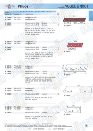 Pflüge

passend zu

v e r w e n d b a r

a n s t e l l e

VOGEL & NOOT

v o n

Artikel- u.
Bestell-Nr.:

Hersteller-Nr.:

Bezeichnung

PE

00 225 460
00 225 461

P89.036.01
P89.037.01

Anlage rechts lang
Anlage links lang

1
1

00 228 987
00 228 982

Pflugschraube M 16x80
Pflugschraube M 12x40

Ovalkopf
Ovalkopf

1
10

00 225 460

passend zu Typ M 300, M 350, U 10, U 13, U 15,
UN 300, UN 350, UN 400, UN 430, UST 400, W 25,
W 35, W 300, WS 13, WSU 350, WS 350, WY 350,
WS 400, WY 400, Y 25

00 225 462
00 225 463

P89.034.01
P89.035.01

00 228 987
00 228 982

Anlage rechts kurz
Anlage links kurz
Pflugschraube M 16x80
Pflugschraube M 12x40

1
1
Ovalkopf
Ovalkopf

1
10
00 225 462

passend zu Typ M 300, M 350, U 10, U 13, U 15,
UN 300, UN 350, UN 400, UN 430, UST 400, W 25,
W 35, W 300, WS 13, WSU 350, WS 350, WY 350,
WS 400, WY 400, Y 25

00 225 466
00 225 467

PK8.034.01
PK8.035.01

00 228 987
00 228 982

Anlage rechts
Anlage links
Pflugschraube M 16x80
Pflugschraube M 12x40

1
1

Ovalkopf
Ovalkopf

1
10

00 225 466

passend zu Typ M 350, MPK 400, MPK 430, UL 430,
ULST 430, UN 300, UN 350, UN 400,UN 430,
UST 400, WL 430, WS 350, WS 400, WY 350,
WY 400

00 225 436
00 225 437

P50.001.05
P50.002.05

00 228 222

Anlage rechts
Anlage links
Pflugschraube M 12x35

1
1

Vierkant

10
00 225 436

passend zu Typ M 300, M 350, W 275, W 300,
WSU 300, WSU 350

00 225 438
00 225 439
00 228 222

P50.003.01
P50.004.01

Anlage rechts
Anlage links
Pflugschraube M 12x35

1
1

Vierkant

10
00 225 438

passend zu Typ M 300, M 350, W 275, W 300,
WSU 300, WSU 350

Obige Ersatzteile werden von ausgesuchten Herstellern produziert und sind KEINE ORIGINALTEILE.
Alle Teile werden von PRILLINGER laufend auf ihre Qualität geprüft u. untersucht, mit dem Bestreben, beste Qualität zu bieten.
Die angeführten Originalnummern u. Systembezeichnungen dienen nur zur Identifizierung der Teile u. dürfen nicht weiterverwendet werden.
Tel.: +43(0)7242/230-200

Fax: +43(0)7242/230-250

171

 