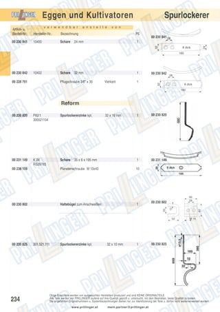 Spurlockerer

Eggen und Kultivatoren
v e r w e n d b a r

a n s t e l l e

v o n

Hersteller-Nr.:

Bezeichnung

PE

00 230 841

10400

Schare

1

00 230 841 28
32

24 mm

24

Artikel- u.
Bestell-Nr.:

8 dick
160

10402

Schare

00 228 701

32 mm

Pflugschraube 3/8" x 30

1
Vierkant

1

00 230 842

28

32

00 230 842

8 dick
160

Reform
Spurlockererzinke kpl.

00 231 149

K 24
RS2978S

Schare

00 238 109

35 x 6 x 195 mm

Planetenschraube M 10x40

00 230 820

00 231 149

10

Haltebügel zum Anschweißen

1

60
28

00 230 802
33

00 230 802

1

1

32 x 10 mm

52

00 230 825

234

301.521.111

Spurlockererzinke kpl.

32 x 10 mm

1

62

P82/1
300521104

12

00 230 820

M 14

00 230 825

Obige Ersatzteile werden von ausgesuchten Herstellern produziert und sind KEINE ORIGINALTEILE.
Alle Teile werden von PRILLINGER laufend auf ihre Qualität geprüft u. untersucht, mit dem Bestreben, beste Qualität zu bieten.
Die angeführten Originalnummern u. Systembezeichnungen dienen nur zur Identifizierung der Teile u. dürfen nicht weiterverwendet werden.
www.prillinger.at

mein.partner@prillinger.at

 