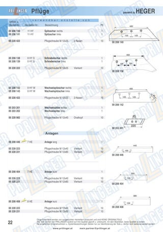 Pflüge

passend zu

v e r w e n d b a r

Artikel- u.
Bestell-Nr.:

Hersteller-Nr.:

00 208 140
00 208 141

11 HY
11 HY

00 228 422

a n s t e l l e

9 HY S
9 HY S

00 228 222

v o n

Bezeichnung

PE

Spitzschar rechts
Spitzschar links

1
1

Pflugschraube M 12x35

00 208 138
00 208 139

HEGER

2-Nasen

Schnabelschar rechts
Schnabelschar links
Pflugschraube M 12x35

10

00 208 140

1
1
Vierkant

10
00 208 138

00 208 142
00 208 143

9 HY W
9 HY W

Wechselspitzschar rechts
Wechselspitzschar links

00 228 422

Pflugschraube M 12x35

00 203 201
00 203 202

Wechselspitze rechts
Wechselspitze links

00 228 982

Pflugschraube M 12x40

1
1
2-Nasen

10
00 208 142
1
1

Ovalkopf

10

00 203 201

Anlagen
00 208 446

Aus

laufte

il

7 HE

00 228 223
00 228 231

Anlage lang
Pflugschraube M 12x40
Pflugschraube M 12x80

1
Vierkant
Vierkant

10
10
00 208 446

00 208 404

7 HE

00 228 223
00 228 231

00 208 408
00 228 223
00 228 231

22

Anlage kurz
Pflugschraube M 12x40
Pflugschraube M 12x80

Aus

laufte

il

8 HE

1
Vierkant
Vierkant

Anlage kurz
Pflugschraube M 12x40
Pflugschraube M 12x80

10
10

00 208 404

1
Vierkant
Vierkant

10
10

00 208 408

Obige Ersatzteile werden von ausgesuchten Herstellern produziert und sind KEINE ORIGINALTEILE.
Alle Teile werden von PRILLINGER laufend auf ihre Qualität geprüft u. untersucht, mit dem Bestreben, beste Qualität zu bieten.
Die angeführten Originalnummern u. Systembezeichnungen dienen nur zur Identifizierung der Teile u. dürfen nicht weiterverwendet werden.
www.prillinger.at

mein.partner@prillinger.at

 