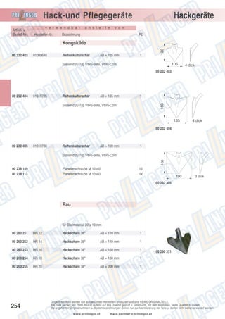 Hackgeräte

Hack-und Pflegegeräte
Artikel- u.
Bestell-Nr.:

v e r w e n d b a r

Hersteller-Nr.:

a n s t e l l e

v o n

Bezeichnung

PE

00 232 403

01000646

Reihenkulturschar

AB = 105 mm

1

120

Kongskilde

105

passend zu Typ Vibro-Beta, Vibro-Corn

4 dick

00 232 403

01019785

Reihenkulturschar

AB = 135 mm

1

160

00 232 404

passend zu Typ Vibro-Beta, Vibro-Corn

135

4 dick

00 232 404

00 232 405

01019786

Reihenkulturschar

AB = 190 mm

1

160

passend zu Typ Vibro-Beta, Vibro-Corn

00 238 109
00 238 113

Planetenschraube M 10x40
Planetenschraube M 10x40

10
100

190

3 dick

00 232 405

Rau

für Stielmaterial 30 x 10 mm
00 260 251

HR 12

Hackschare 38º

AB = 120 mm

1

00 260 252

HR 14

Hackschare 38º

AB = 140 mm

1

00 260 253

HR 16

Hackschare 38º

AB = 160 mm

1

00 260 254

HR 18

Hackschare 38º

AB = 180 mm

1

00 260 255

HR 20

Hackschare 38º

AB = 200 mm

1

254

00 260 251

Obige Ersatzteile werden von ausgesuchten Herstellern produziert und sind KEINE ORIGINALTEILE.
Alle Teile werden von PRILLINGER laufend auf ihre Qualität geprüft u. untersucht, mit dem Bestreben, beste Qualität zu bieten.
Die angeführten Originalnummern u. Systembezeichnungen dienen nur zur Identifizierung der Teile u. dürfen nicht weiterverwendet werden.
www.prillinger.at

mein.partner@prillinger.at

 