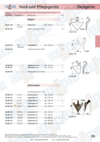 Hack-und Pflegegeräte
v e r w e n d b a r

Artikel- u.
Bestell-Nr.:

Hersteller-Nr.:

a n s t e l l e

Hackgeräte

v o n

Bezeichnung

PE

Regent
00 231 163

K44
RS 2976

00 238 109

Breitschare

AB = 180 mm

Planetenschraube M 10x40

1
10
00 231 163

00 231 162

K45
RS 2976A

00 238 109

Schmalschare

AB = 100 mm

Planetenschraube M 10x40

1
10
00 231 162

00 260 300
00 260 301

Halbschare rechts
Halbschare links

AB = 120 mm
AB = 120 mm

00 238 109

Planetenschraube M 10x40

1
1
10
00 260 300

Schmotzer
für Stielmaterial 30 x 10 mm
00 260 181

S 12 S

Hackschare 40º

AB = 120 mm

1

00 260 182

S 14 S

Hackschare 40º

AB = 140 mm

1

00 260 183

S 16 S

Hackschare 40º

AB = 160 mm

1

S 18 S

Hackschare 40º

AB = 180 mm

1

S 20 S

Hackschare 40º

AB = 200 mm

1

00 260 106

DS 16 S

Hackschare 30º

AB = 160 mm

1

00 260 107

DS 18 S

Hackschare 30º

AB = 180 mm

1

00 260 108

DS 20 S

Hackschare 30º

AB = 200 mm

1

00 260 109

DS 24 S

Hackschare 30º

AB = 240 mm

1

00 260 112

DS 30 S

Hackschare 30º

AB = 300 mm

1

00 260 184
00 260 185

Aus

laufte

il

00 260 181

Obige Ersatzteile werden von ausgesuchten Herstellern produziert und sind KEINE ORIGINALTEILE.
Alle Teile werden von PRILLINGER laufend auf ihre Qualität geprüft u. untersucht, mit dem Bestreben, beste Qualität zu bieten.
Die angeführten Originalnummern u. Systembezeichnungen dienen nur zur Identifizierung der Teile u. dürfen nicht weiterverwendet werden.
Tel.: +43(0)7242/230-200

Fax: +43(0)7242/230-250

255

 