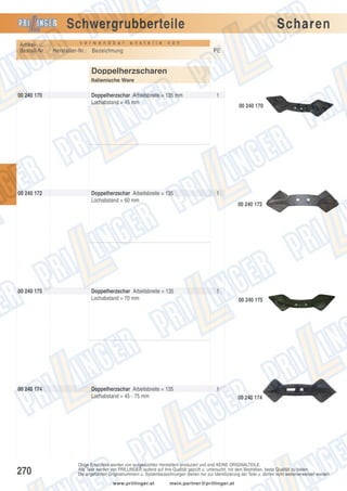 Schwergrubberteile
Artikel- u.
Bestell-Nr.:

v e r w e n d b a r

a n s t e l l e

Scharen

v o n

Hersteller-Nr.: Bezeichnung

PE

Doppelherzscharen
Italienische Ware

00 240 170

00 240 172

00 240 175

00 240 174

270

Doppelherzschar Arbeitsbreite = 135 mm
Lochabstand = 45 mm

1

Doppelherzschar Arbeitsbreite = 135
Lochabstand = 60 mm

1

Doppelherzschar Arbeitsbreite = 135
Lochabstand = 70 mm

1

Doppelherzschar Arbeitsbreite = 135
Lochabstand = 45 - 75 mm

1

00 240 170

00 240 172

00 240 175

00 240 174

Obige Ersatzteile werden von ausgesuchten Herstellern produziert und sind KEINE ORIGINALTEILE.
Alle Teile werden von PRILLINGER laufend auf ihre Qualität geprüft u. untersucht, mit dem Bestreben, beste Qualität zu bieten.
Die angeführten Originalnummern u. Systembezeichnungen dienen nur zur Identifizierung der Teile u. dürfen nicht weiterverwendet werden.
www.prillinger.at

mein.partner@prillinger.at

 