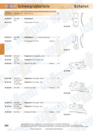Schwergrubberteile
Artikel- u.
Bestell-Nr.:
00 232 601

v e r w e n d b a r

a n s t e l l e

v o n

Hersteller-Nr.: Bezeichnung
337 4395
LB 1

Scharen
PE

Mittelleitblech
Pflugschraube M 12x70

00 228 229

1
1
00 232 601

50

337 4394
LB 2

Mittelleitblech

00 228 229

schmale Ausführung

Pflugschraube M 12x70

Vierkant

1
1

290

00 232 611

8 dick
100

00 232 611

00 232 606
00 232 607
00 228 235

337 4416
FL 35 D
337 4399
LBR 2
301 5785

Flügelschar 10 mm gerade, rechts

1

Flügelschar 10 mm gerade, links

1

Schraube M 12x35

Vierkant

10

00 232 606

Flügelschar 10 mm gekr., rechts

1

Flügelschar 10 mm gekr., links

1

230
70

135

00 232 610

337 4418
FL 35 D GEK
337 4419
FL 35 D GEK

00 228 235

301 5785

Schraube M 12x35

Vierkant

00 232 615

00 228 235

337 4420
FL 37 D GEK
337 4421
FL 37 D GEK
301 5785

13

10

00 232 609

00 232 614

10 mm

Flügelschar 12 mm gekr., rechts

1

Flügelschar 12 mm gekr., links

25

00 232 609

1

Schraube M 12x35

Vierkant

10
00 232 614

294

Obige Ersatzteile werden von ausgesuchten Herstellern produziert und sind KEINE ORIGINALTEILE.
Alle Teile werden von PRILLINGER laufend auf ihre Qualität geprüft u. untersucht, mit dem Bestreben, beste Qualität zu bieten.
Die angeführten Originalnummern u. Systembezeichnungen dienen nur zur Identifizierung der Teile u. dürfen nicht weiterverwendet werden.
www.prillinger.at

mein.partner@prillinger.at

 