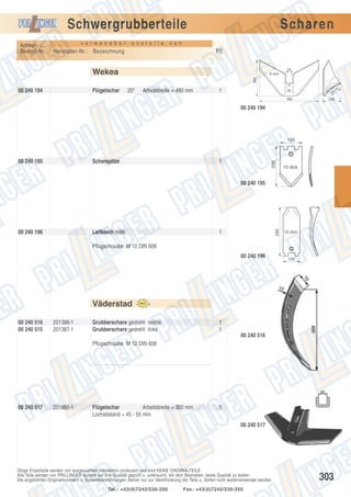 Schwergrubberteile
Artikel- u.
Bestell-Nr.:

v e r w e n d b a r

a n s t e l l e

Scharen

v o n

Hersteller-Nr.: Bezeichnung

PE
50

Wekea
265

8 dick

00 240 194

Flügelschar

25º

Arbeitsbreite = 480 mm

-75

1

60

480

130

00 240 194

120

Scharspitze

1

220

00 240 195

10 dick

00 240 196

Leitblech mitte

290

00 240 195

1

10 dick

Pflugschraube M 12 DIN 608
00 240 196

100

Väderstad
00 240 516
00 240 515

201388-1
201387-1

Grubberschare gedreht rechts
Grubberschare gedreht links

1
1
00 240 516

Pflugschraube M 12 DIN 608

00 240 517

201860-1

Flügelschar
Arbeitsbreite = 300 mm
Lochabstand = 45 - 55 mm

1
00 240 517

Obige Ersatzteile werden von ausgesuchten Herstellern produziert und sind KEINE ORIGINALTEILE.
Alle Teile werden von PRILLINGER laufend auf ihre Qualität geprüft u. untersucht, mit dem Bestreben, beste Qualität zu bieten.
Die angeführten Originalnummern u. Systembezeichnungen dienen nur zur Identifizierung der Teile u. dürfen nicht weiterverwendet werden.
Tel.: +43(0)7242/230-200

Fax: +43(0)7242/230-250

303

 
