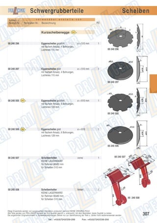 Schwergrubberteile
Artikel- u.
Bestell-Nr.:

v e r w e n d b a r

a n s t e l l e

Scheiben

v o n

Hersteller-Nr.: Bezeichnung

PE

Kurzscheibenegge

00 240 296

00 240 297

Eggenscheibe gezahnt
mit flachem Ansatz, 4 Bohrungen,
Lochkreis 115 mm

ø = 510 mm

Eggenscheibe glatt
mit flachem Ansatz, 4 Bohrungen,
Lochkreis 115 mm

ø = 510 mm

1
00 240 296

1

00 240 297

00 240 505

Eggenscheibe gezahnt
mit flachem Ansatz, 6 Bohrungen,
Lochkreis 128 mm

ø = 610 mm

1

00 240 505

00 240 506

Eggenscheibe glatt
mit flachem Ansatz, 6 Bohrungen,
Lochkreis 128 mm

ø = 610

1

00 240 506

00 240 507

Scheibenhalter
KEINE LAGERWARE!
für Rahmen 80x80 mm
für Scheiben 510 mm

vorne

1

00 240 508

Scheibenhalter
KEINE LAGERWARE!
für Rahmen 80x80 mm
für Scheiben 510 mm

hinten

00 240 507

1
00 240 508

Obige Ersatzteile werden von ausgesuchten Herstellern produziert und sind KEINE ORIGINALTEILE.
Alle Teile werden von PRILLINGER laufend auf ihre Qualität geprüft u. untersucht, mit dem Bestreben, beste Qualität zu bieten.
Die angeführten Originalnummern u. Systembezeichnungen dienen nur zur Identifizierung der Teile u. dürfen nicht weiterverwendet werden.
Tel.: +43(0)7242/230-200

Fax: +43(0)7242/230-250

307

 