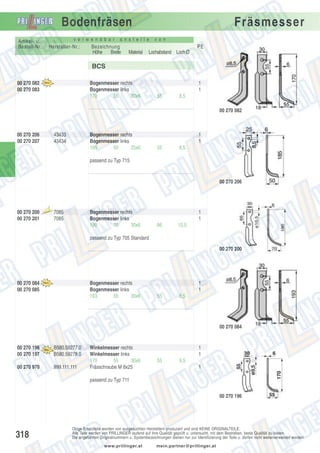 Bodenfräsen
v e r w e n d b a r

Artikel- u.
Bestell-Nr.:

Hersteller-Nr.:

Fräsmesser

a n s t e l l e

Bezeichnung
Höhe
Breite

v o n

PE
Material

Lochabstand Loch Ø

BCS
00 270 082
00 270 083

Bogenmesser rechts
Bogenmesser links
170
55
30x6

1
1
55

8,5
00 270 082

00 270 206
00 270 207

43433
43434

Bogenmesser rechts
Bogenmesser links
185
50
25x6

1
1
55

8,5

passend zu Typ 715

00 270 206

00 270 200
00 270 201

Aus

laufte

il

7085
7085

Bogenmesser rechts
Bogenmesser links
190
70
30x6

1
1
66

10,5

passend zu Typ 705 Standard
00 270 200

00 270 084
00 270 085

Bogenmesser rechts
Bogenmesser links
193
55
30x6

1
1
55

8,5

00 270 084

00 270 196
00 270 197

B580.59277.0
B580.59278.0

00 270 970

999.111.111

Winkelmesser rechts
Winkelmesser links
170
55
30x6
Frässchraube M 8x25

1
1
55

9,5
1

passend zu Typ 711
00 270 196

318

Obige Ersatzteile werden von ausgesuchten Herstellern produziert und sind KEINE ORIGINALTEILE.
Alle Teile werden von PRILLINGER laufend auf ihre Qualität geprüft u. untersucht, mit dem Bestreben, beste Qualität zu bieten.
Die angeführten Originalnummern u. Systembezeichnungen dienen nur zur Identifizierung der Teile u. dürfen nicht weiterverwendet werden.
www.prillinger.at

mein.partner@prillinger.at

 