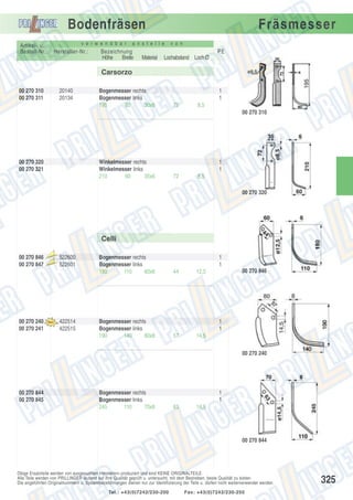 Bodenfräsen
v e r w e n d b a r

Artikel- u.
Bestell-Nr.:

Hersteller-Nr.:

Fräsmesser

a n s t e l l e

Bezeichnung
Höhe
Breite

v o n

PE
Material

Lochabstand Loch Ø

Carsorzo
00 270 310
00 270 311

20140
20134

Bogenmesser rechts
Bogenmesser links
195
80
30x6

1
1
72

8,5
00 270 310

00 270 320
00 270 321

Winkelmesser rechts
Winkelmesser links
210
60
35x6

1
1
72

8,5
00 270 320

Celli
00 270 846
00 270 847

00 270 240
00 270 241

Aus

Aus

laufte

il

il
laufte

522600
522601

422514
422515

Bogenmesser rechts
Bogenmesser links
180
110
60x6

Bogenmesser rechts
Bogenmesser links
190
140
80x8

1
1
44

00 270 846

12,5

1
1
57

14,5
00 270 240

00 270 844
00 270 845

Bogenmesser rechts
Bogenmesser links
245
110
70x8

1
1
63

14,5

00 270 844

Obige Ersatzteile werden von ausgesuchten Herstellern produziert und sind KEINE ORIGINALTEILE.
Alle Teile werden von PRILLINGER laufend auf ihre Qualität geprüft u. untersucht, mit dem Bestreben, beste Qualität zu bieten.
Die angeführten Originalnummern u. Systembezeichnungen dienen nur zur Identifizierung der Teile u. dürfen nicht weiterverwendet werden.
Tel.: +43(0)7242/230-200

Fax: +43(0)7242/230-250

325

 