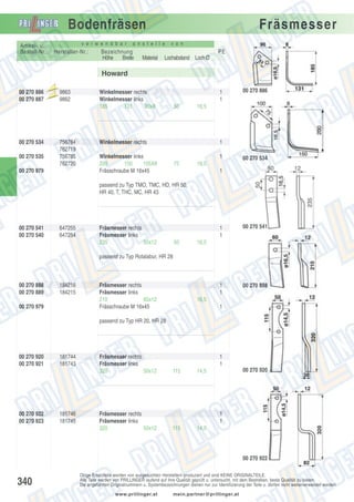 Bodenfräsen
v e r w e n d b a r

Artikel- u.
Bestell-Nr.:

Hersteller-Nr.:

Fräsmesser

a n s t e l l e

Bezeichnung
Höhe
Breite

v o n

PE
Material

Lochabstand Loch Ø

Howard
00 270 886
00 270 887

00 270 534
00 270 535

Aus

A

laufte

ufte
usla

il

il

9863
9862

756784
762719
756785
762720

00 270 979

Winkelmesser rechts
Winkelmesser links
185
131
90x8

1
1
50

00 270 886

16,5

Winkelmesser rechts

1

Winkelmesser links
200
150
105X8
Frässchraube M 16x45

1
75

16,5

00 270 534

1

passend zu Typ TMO, TMC, HD, HR 50,
HR 40, T, THC, MC, HR 43

00 270 541
00 270 540

647255
647254

1
1
50

00 270 541

1
1

Fräsmesser rechts
Fräsmesser links
235
50x12

00 270 888

16,5

passend zu Typ Rotalabur, HR 28

00 270 888
00 270 889

184216
184215

00 270 979

Fräsmesser rechts
Fräsmesser links
210
60x12
Frässchraube M 16x45

16,5
1

passend zu Typ HR 20, HR 28

00 270 920
00 270 921

00 270 922
00 270 923

181744
181743

181746
181745

Fräsmesser rechts
Fräsmesser links
320
50x12

Fräsmesser rechts
Fräsmesser links
320
50x12

1
1
115

00 270 920

14,5

1
1
115

14,5

00 270 922

340

Obige Ersatzteile werden von ausgesuchten Herstellern produziert und sind KEINE ORIGINALTEILE.
Alle Teile werden von PRILLINGER laufend auf ihre Qualität geprüft u. untersucht, mit dem Bestreben, beste Qualität zu bieten.
Die angeführten Originalnummern u. Systembezeichnungen dienen nur zur Identifizierung der Teile u. dürfen nicht weiterverwendet werden.
www.prillinger.at

mein.partner@prillinger.at

 