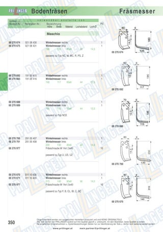 Bodenfräsen
Artikel- u.
Bestell-Nr.:

v e r w e n d b a r

Hersteller-Nr.:

Fräsmesser

a n s t e l l e

Bezeichnung
Höhe
Breite

v o n

PE
Material

Lochabstand Loch Ø

Maschio
00 270 674
00 270 675

021 08 430
021 08 431

Winkelmesser rechts
Winkelmesser links
180
135
80x6

1
1
56

14,5
00 270 674

passend zu Typ NC, M, MC, R, PS, Z

00 270 692
00 270 693

191 00 415
191 00 416

Winkelmesser rechts
Winkelmesser links
190
117
60x6

1
1
44

12,5
00 270 692

00 270 688
00 270 689

Winkelmesser rechts
Winkelmesser links
195
115
70x6

1
1
44

12,5

passend zu Typ NCE

00 270 688

00 270 977

Winkelmesser rechts
Winkelmesser links
200
130
80x6
Frässchraube M 14x1,5x40

80
48

1
1
48

6

14,5
10

200

291 00 407
291 00 408

14,5

00 270 700
00 270 701

passend zu Typ U, US, UZ
00 270 700

00 270 670
00 270 671
00 270 977

011 10 428
011 10 429

Winkelmesser rechts
Winkelmesser links
215
140
80x8
Frässchraube M 14x1,5x40

130

1
1
56

14,5
10

passend zu Typ F, B, CL, BI, C, SC

00 270 670

350

Obige Ersatzteile werden von ausgesuchten Herstellern produziert und sind KEINE ORIGINALTEILE.
Alle Teile werden von PRILLINGER laufend auf ihre Qualität geprüft u. untersucht, mit dem Bestreben, beste Qualität zu bieten.
Die angeführten Originalnummern u. Systembezeichnungen dienen nur zur Identifizierung der Teile u. dürfen nicht weiterverwendet werden.
www.prillinger.at

mein.partner@prillinger.at

 