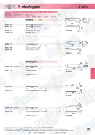 Kreiseleggen
Artikel- u.
Bestell-Nr.:

v e r w e n d b a r

Hersteller-Nr.:

Zinken

a n s t e l l e

Bezeichnung
Länge Stärke

v o n

PE
Bohr.

Lochabst.

Gewinde

Brenig
00 280 226
00 280 227

Kreiseleggenzinke rechts
Kreiseleggenzinke links
285
12
17,5
Schraube M 16x1,5x55
Mutter M 16x1,5

00 280 532
00 280 506

00 280 114

Kreiseleggenzinke
290
14
17
Schraube M 16x1,5x50
Bundmutter M 16x1,5

00 250 531
00 280 507

1
1
50
1
1

00 280 226

1
50
1
1
00 280 114

Breviglieri
00 280 126

0026085

00 913 250

Kreiseleggenzinke
180
8,5
Spannhülse 8x60

1
10

00 280 126

passend zu Typ T 25

00 280 167

Kreiseleggenzinke
280
14
13
55
Schraube mit Mutter M 12x1,25x45

00 270 976

1
10
00 280 167

00 280 125
00 270 976

0033054

Kreiseleggenzinke
285
12
13
55
Schraube mit Mutter M 12x1,25x45
passend zu Typ T 25

1
10
00 280 125

Obige Ersatzteile werden von ausgesuchten Herstellern produziert und sind KEINE ORIGINALTEILE.
Alle Teile werden von PRILLINGER laufend auf ihre Qualität geprüft u. untersucht, mit dem Bestreben, beste Qualität zu bieten.
Die angeführten Originalnummern u. Systembezeichnungen dienen nur zur Identifizierung der Teile u. dürfen nicht weiterverwendet werden.
Tel.: +43(0)7242/230-200

Fax: +43(0)7242/230-250

377

 